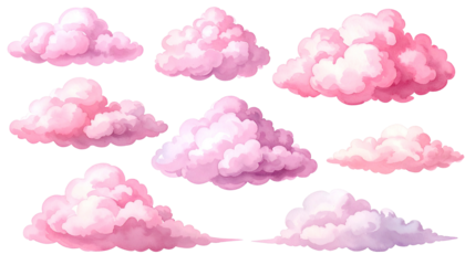 Nine fluffy, pixelated pink clouds, ranging in size and shape, on a transparent background
