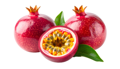 Three passion fruits two whole, one halved, revealing the pulp and seeds, with leaves