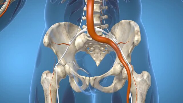 A medical illustration of the human pelvis and lower spine with a highlighted nerve