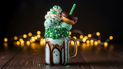 Mint Chocolate Chip Freakshake with Donut and Whipped Cream stock image
