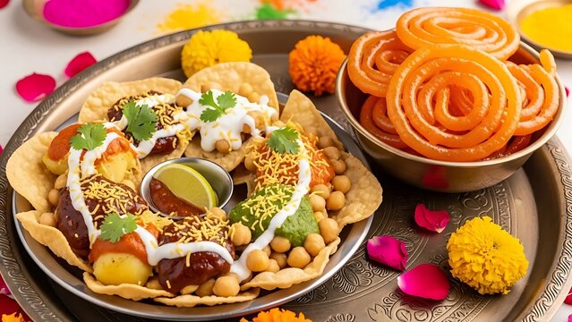 Indian Street Food Platter with Jalebi and Savory Snacks Indian food chaat