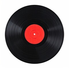 Close-up of a black vinyl record with a red central label, isolated