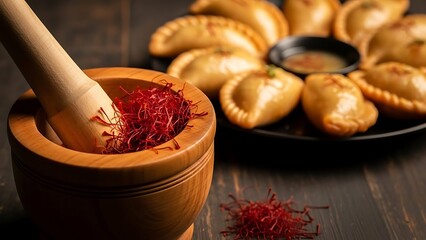 Saffron Threads in a Wooden Mortar with Empanadas in the Background stock 