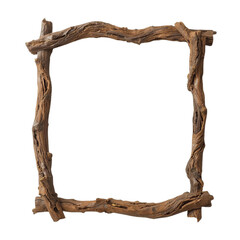A rustic wooden frame made from twisted branches and twigs, isolated on a white background