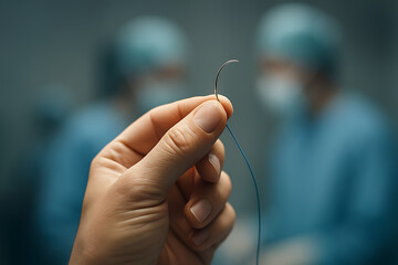 A close-up of a curved surgical needle threaded with suture, held between fingers in an operating room, highlighting fine motor skills, surgical accuracy, and delicate medical craftsmanship.
