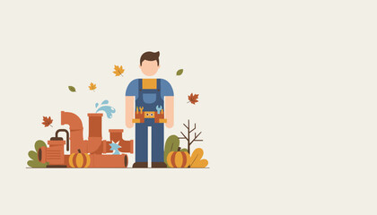 Plumber illustration with leaking pipes and autumn leaves representing seasonal home repair