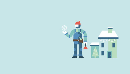 Winter repair service illustration Plumber with plunger and snowflake next to a festive snowy home