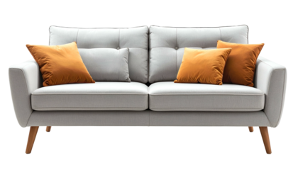 Modern, two-seat sofa with light grey upholstery and orange throw pillows, wood legs