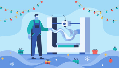 Festive 3D printing Engineer creating holiday items with modern technology