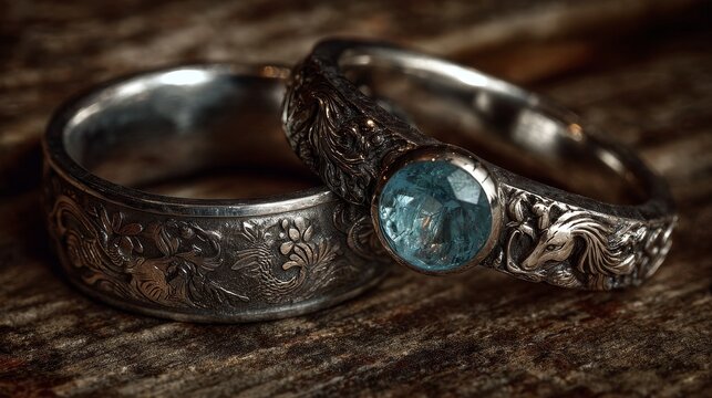 Wedding rings with cabochon aquamarine stones featuring engraved water-horse and selkie designs, elegant jewelry set with intricate details and refined craftsmanship for special occasions