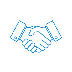 Business handshake icon, partnership agreement, teamwork, success, blue outline illustration on white background