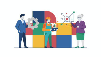 Crossfunctional team strategy business engineering and data integration illustrated with geometric shapes