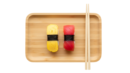 Sushi on wooden tray isolated on transparent background