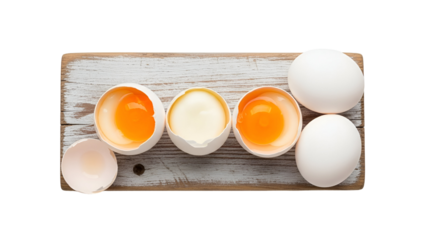 Eggs and ingredients on wooden board isolated on transparent background
