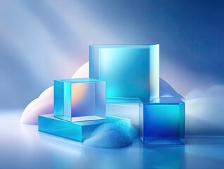 Blue glass cubes on reflective surface