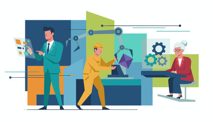 Obraz premium Business leaders factory workers and automation robots collaborate in smart modern industrial production