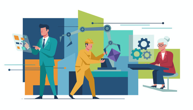 Business leaders factory workers and automation robots collaborate in smart modern industrial production