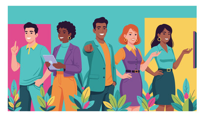 Diverse team of five smiling professionals presenting a concept in a vibrant modern workplace setting