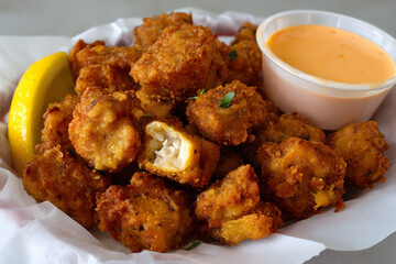 Crispy Fried Food Basket with Dipping Sauce and Fresh Lemon Slice on a White Paper Liner