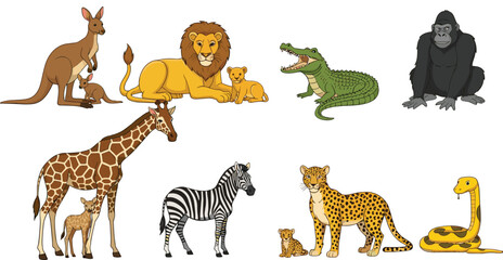 Cute cartoon safari wild animals family set with lion giraffe zebra cheetah kangaroo crocodile gorilla snake vector illustration isolated on white background © munzuara