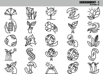 Eco Sustainability Line Icons Set &ndash; Earth Care, Recycling, Renewable Energy & Green Nature Outline Symbols, Editable Vector Pack