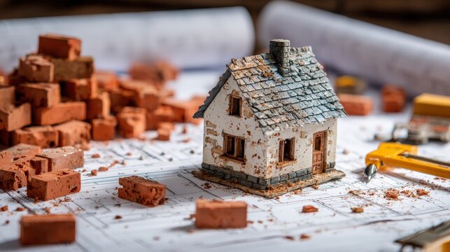 Miniature construction site setup displays weathered house model, raw materials, and architectural drawings on a surface
