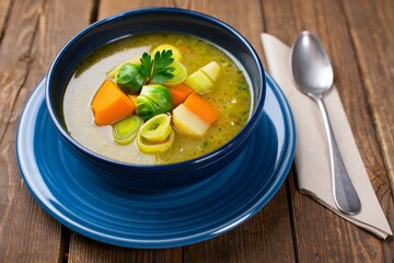 Hearty Vegetable Soup in Blue Ceramic Bowl with Parsley Garnish