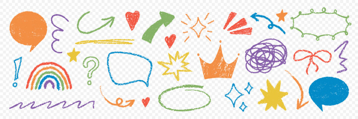 Playful sketch icon collection. Colorful doodle sketch element set isolated on transparent background. Child drawings. Pencil crayon chalk texture. Arrow bow crown star shine rainbow heart shapes © Svetlana