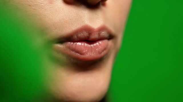 Close-up image of a woman's mouth and lips, slightly parted, displaying natural features against a bright green screen backdrop, ready for compositing