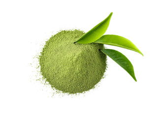 matcha powder with green tea leaves on white background.