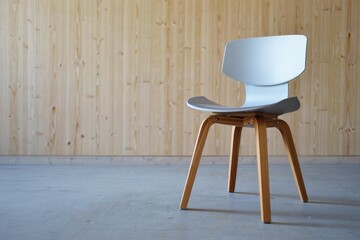 Modern Wood and Plastic Chair Against Wood Paneling Background
