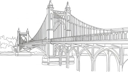 Fototapeta premium Detailed line art illustration of an ornate suspension bridge spanning a waterway