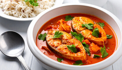 Traditional South Indian Fish Curry Served with Red Rice