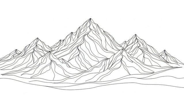 Minimalist Continuous Line Art Mountain Range Illustration on White Background for Outdoor Theme