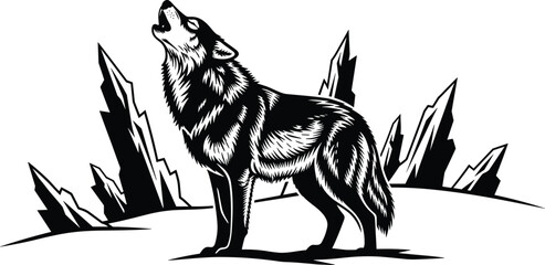Howling Wolf Silhouette Against Jagged Ice Peaks, Majestic Black and White Vector Art Illustration, Wild Canine, Arctic Landscape, Stock Graphic, Power, Freedom, Loneliness. © Raihan