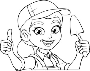 A woman female bricklayer holding a mortar trowel tool builder construction cartoon character mascot.