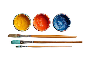 Colorful Paint Brushes and Paints on White Background