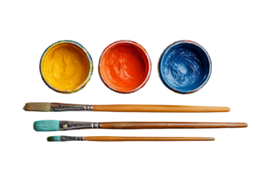 Colorful Paint Brushes and Paints on White Background