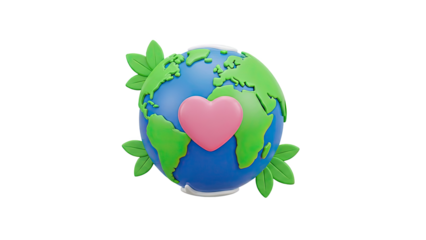 3D Earth with Heart and Leaves Icon