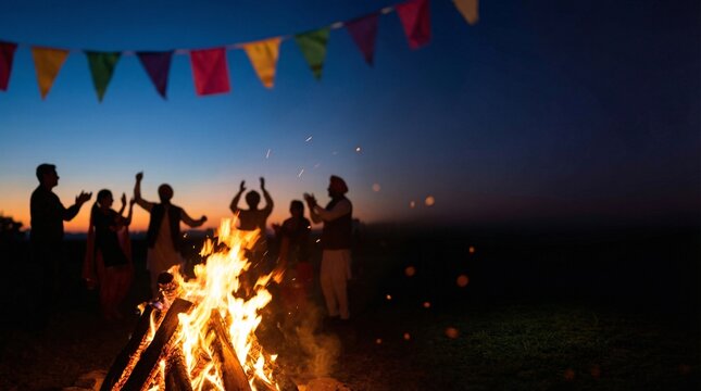 Friends gathered around bonfire at sunset with colorful flags - Powered by Adobe