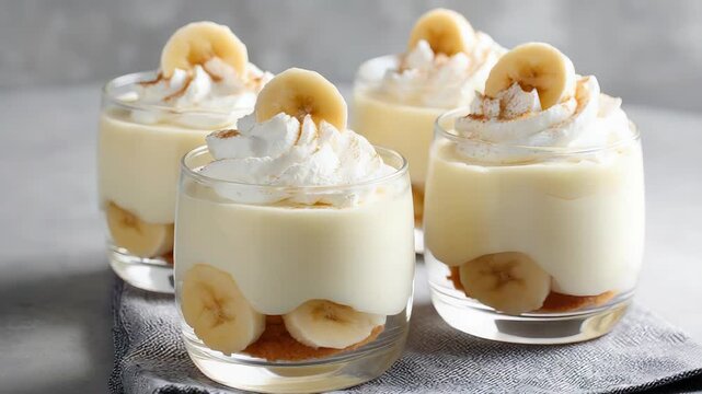 Delicious banana parfait preparation with cream and coconut topping in glass jars