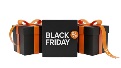 Black friday gift boxes with orange ribbons