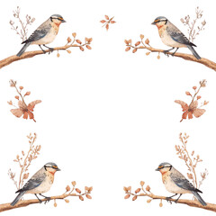 Four birds perched on branches surrounded by autumn leaves in a symmetrical illustration