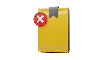 3D Icon of a Yellow Notepad with a Red X Mark and Bookmark