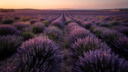 Fototapeta premium Golden Hour Lavender Field Rows Bathed in Warm Sunlight