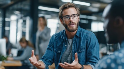Obraz premium Engaging Conversation in Modern Office Setting with Diverse Individuals