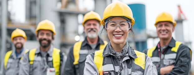 Group of construction workers smiling together with factory background