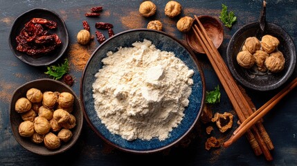 Bowl of flour surrounded by walnuts and spices on rustic table