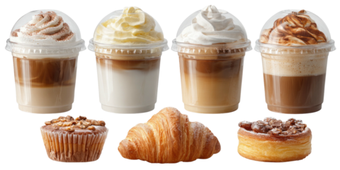 Various layered coffee beverages in clear cups with baked goods arranged beneath