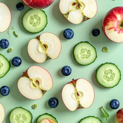 Pattern of sliced apples, cucumbers, and blueberries on mint green background